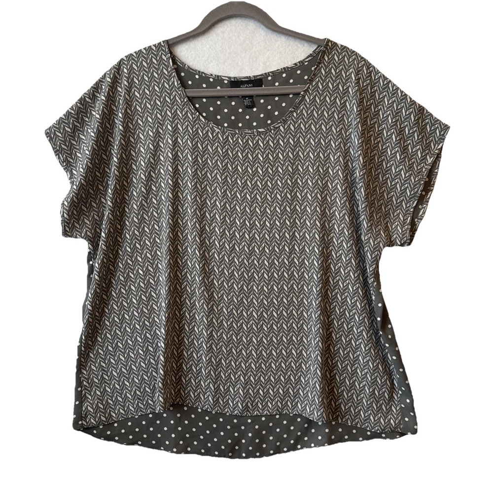 Alfani Gray Geometric Polka Dot Mix Hi Lo Blouse Women's 16 Boho Chic Lagenlook